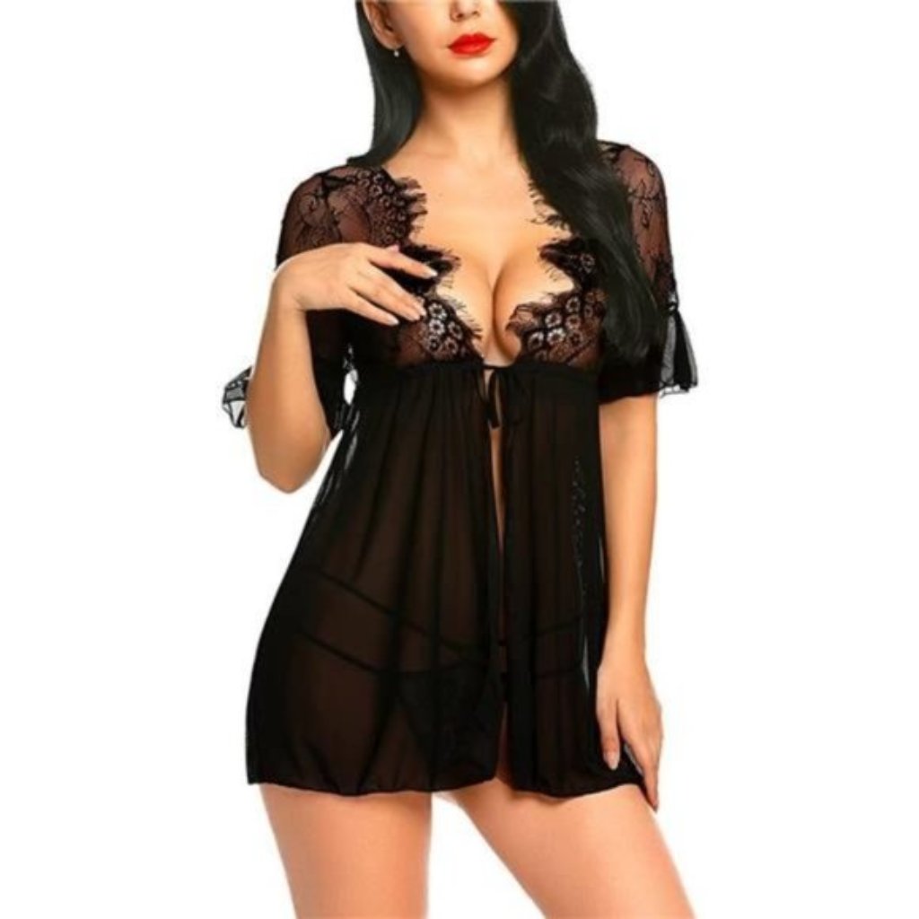 Women Lingerie Open Front Sleepwear Mesh Black